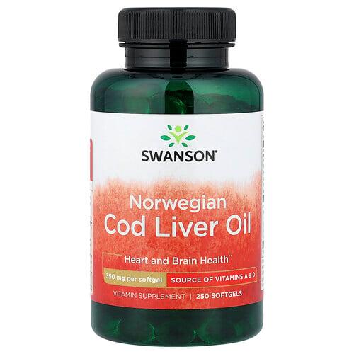 스완슨 비타민 Swanson Vitamins, 노르웨이산 대구 간유, 350mg, 소프트젤 250정 상품 이미지