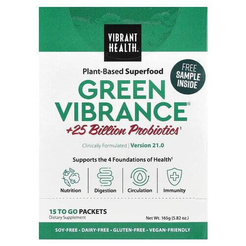 바이브랜트 헬스 Vibrant Health, Green Vibrance® +250억 프로바이오틱스, 버전 21.0, 휴대용 포장 15팩, 165g(5.82oz) 상품 이미지