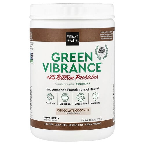 바이브랜트 헬스 Vibrant Health, Green Vibrance® +250억 프로바이오틱, 버전 21.0, 초콜릿 코코넛, 350g(12.35oz) 상세 이미지