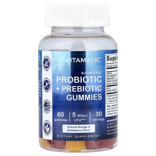 비타매틱 Vitamatic, 프로바이오틱 + 프리바이오틱 구미젤리, 무설탕, 천연 오렌지 및 딸기, 구미젤리 60개(구미당 25억CFU) 상품 이미지