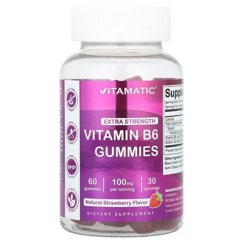 비타매틱 Vitamatic, 비타민B6, 천연 딸기 맛, 구미젤리 60개(구미젤리 1개당 50mg) 상세 이미지