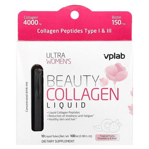 VPLab, 울트라 여성용 뷰티 콜라겐 리퀴드, 열대 과일, 딸기 & 키위, 리퀴드 튜브 10개, 100ml(3.38fl oz) 상품 이미지