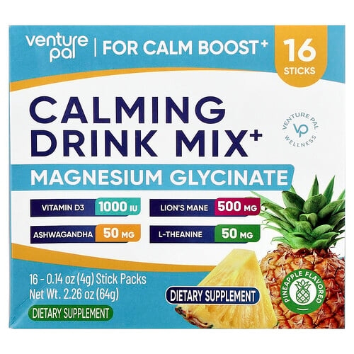 Venture Pal, 진정 드링크 믹스+, 마그네슘 글리신산, 파인애플, 스틱팩 16개, 개당 4g(0.14oz) 상세 이미지