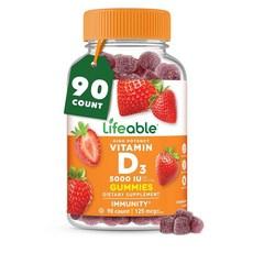 성인용 비타민 D 젤리 | 5000 IU | 훌륭한 맛의 D3 비타민 | 면역 지원 및 건강한 뼈 비타민 D 보충제 남성 여성용 | 젤리 90개 | Lifeable, 츄어블, 성인남녀공용, 1개 이미지
